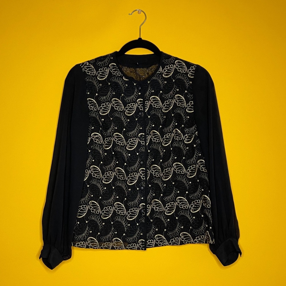 Vintage sheer embroidered long sleeve button down